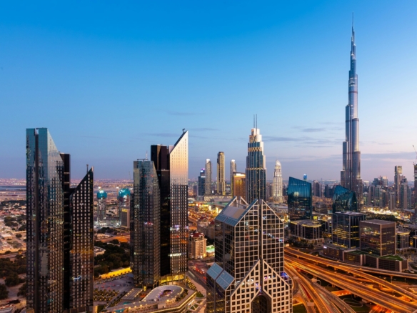 The view of Dubai skyline with Burj Khalifa at sunset, UAE.